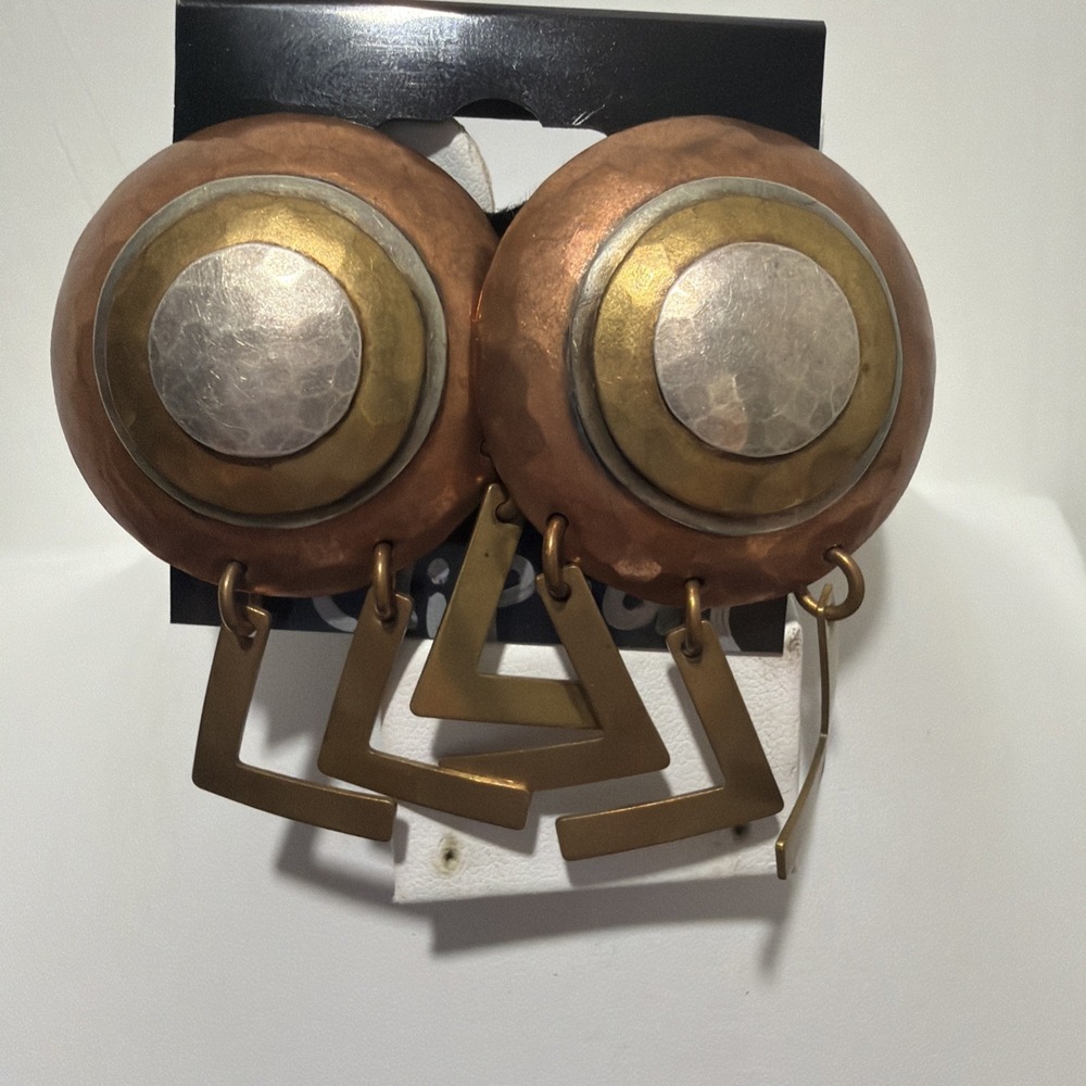 MARJORIE BAER BOLD VINTAGE LAYERED SILVER COPPER BRASS DANGLE CLIP EARRINGS